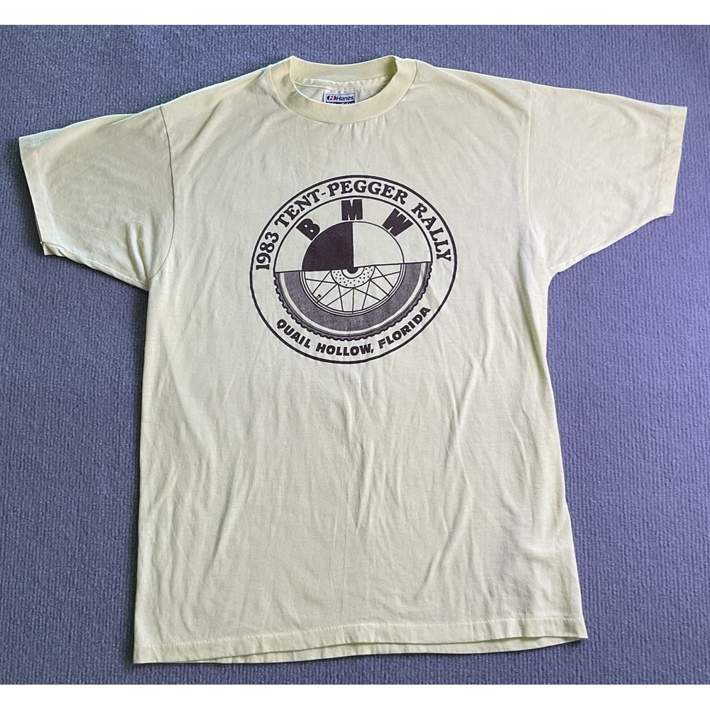 Vintage 80s Tent-Pegger Rally BMW Men's Yellow T-Shirt Size Large